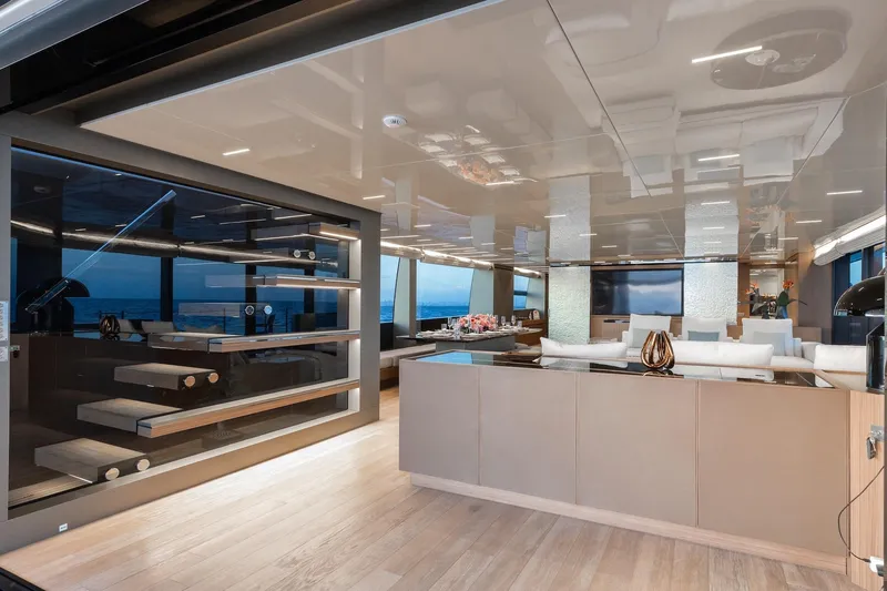 Ambar Yacht Photos Pics Luxurious interior of 2020 Sanlorenzo SLA120A yacht with modern design and ocean view.