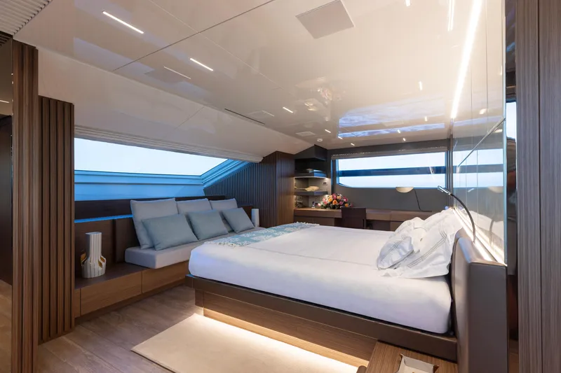 Ambar Yacht Photos Pics Luxurious Sanlorenzo SL120A 2022 yacht bedroom with modern design and elegant furnishings.