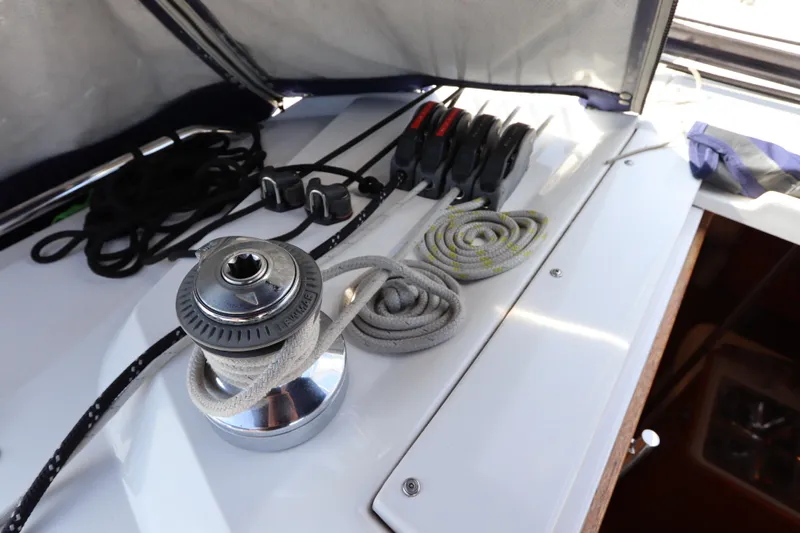  Yacht Photos Pics Sailing equipment on a 2011 Catalina 355 yacht, featuring winch and ropes.
