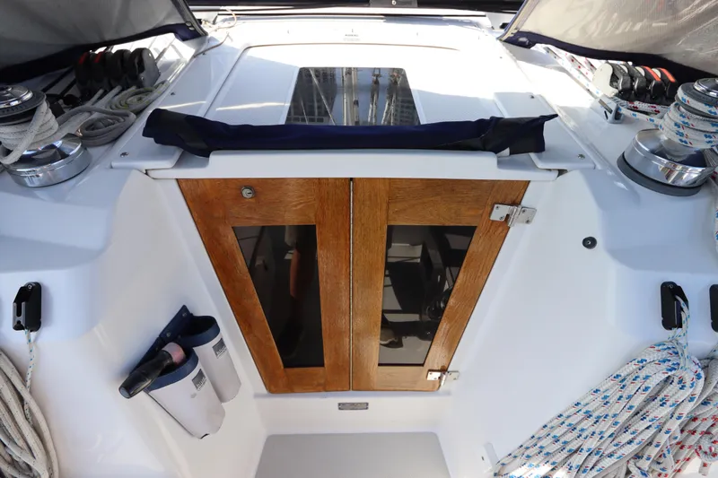  Yacht Photos Pics Cockpit of 2011 Catalina 355 sailboat with wooden doors and winches.