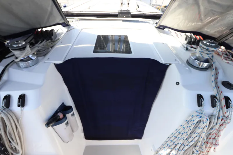  Yacht Photos Pics Cockpit of 2011 Catalina 355 sailboat with winches and ropes.