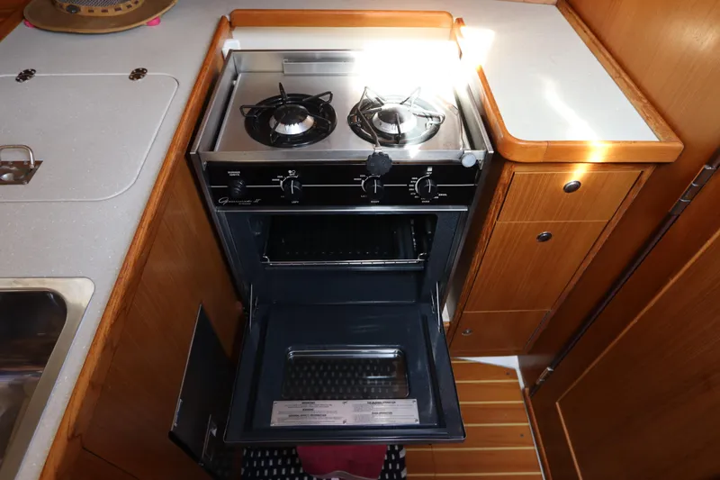  Yacht Photos Pics Catalina 355 yacht kitchen with stove and oven, 2011 model.