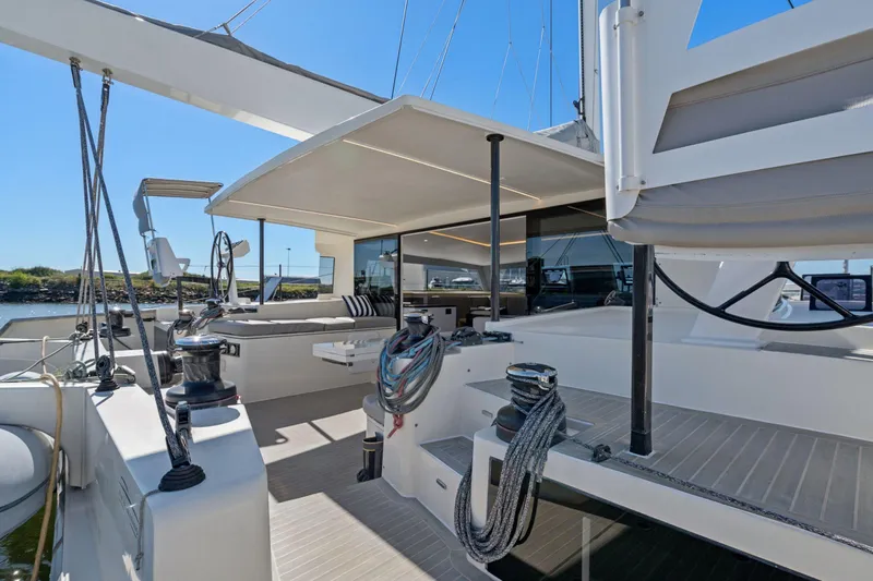 Navitas Yacht Photos Pics Luxury Itacatamarans 14.99 catamaran deck, 2019 model, featuring modern design and spacious seating.