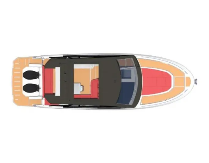 Inventory Clearance Yacht Photos Pics Top view layout of 2023 Bavaria Vida 33 boat, showcasing deck and interior design.