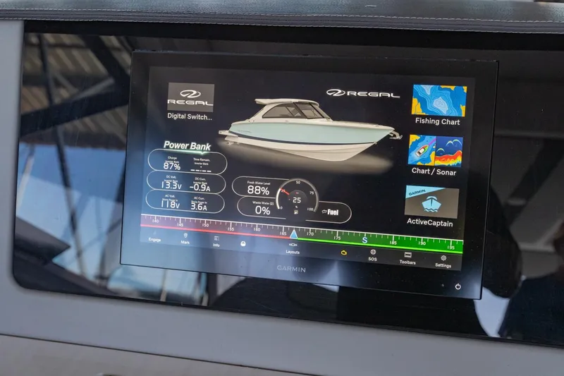 The Big Dill Yacht Photos Pics 2023 Regal LS36 boat dashboard display with digital controls and navigation features.