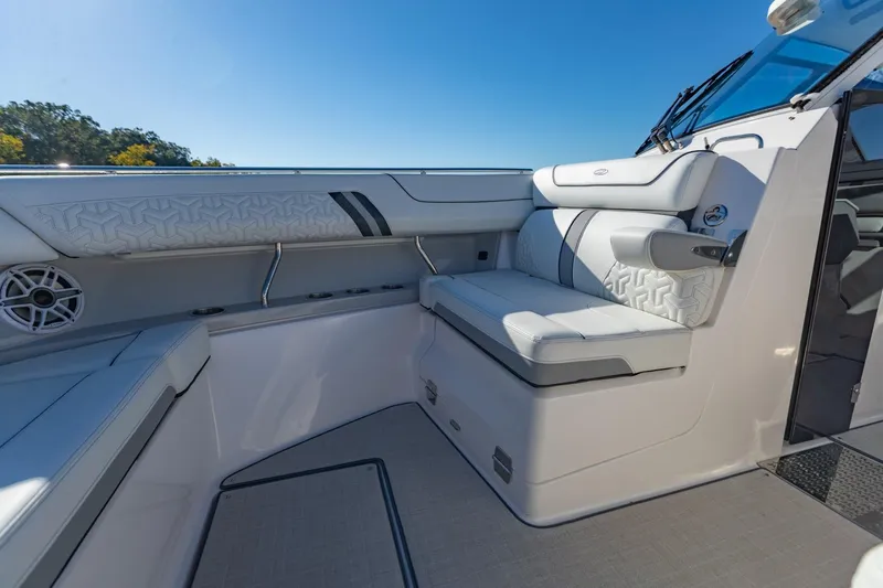 The Big Dill Yacht Photos Pics 2023 Regal LS36 boat interior with luxurious seating and modern design.