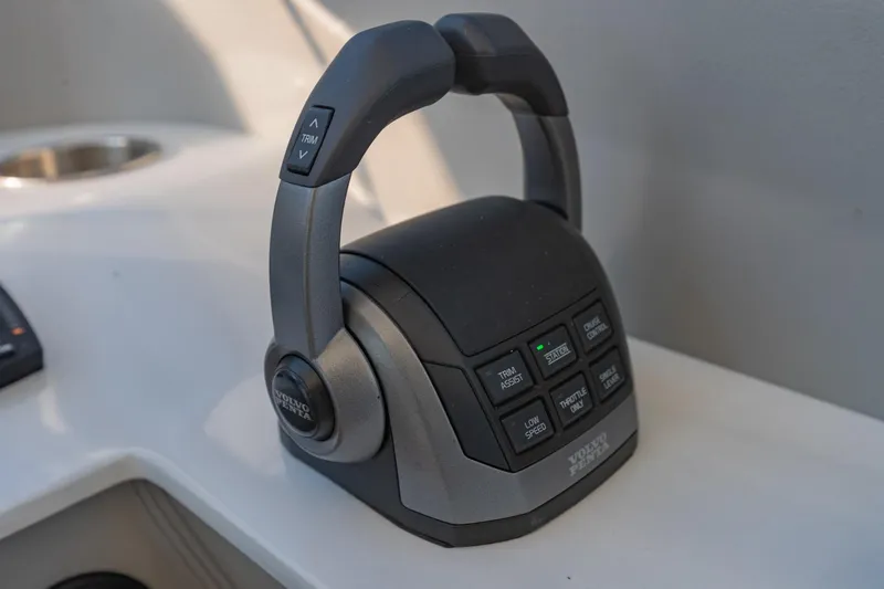 The Big Dill Yacht Photos Pics Throttle control panel on 2023 Regal LS36 boat, featuring Volvo Penta controls.