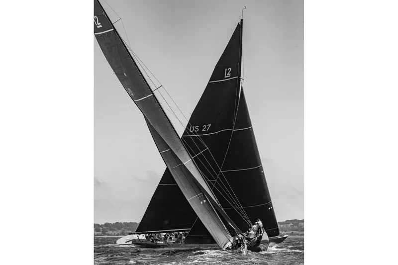Enterprise Yacht Photos Pics Black and white photo of two Sparkman & Stephens 12M sailboats racing, 1997.