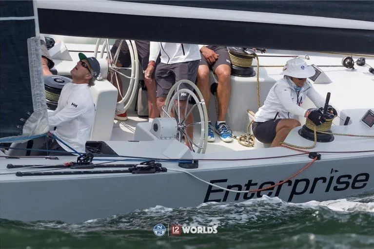 Enterprise Yacht Photos Pics Sailing crew on 1997 Sparkman & Stephens 12M yacht "Enterprise" during a race.