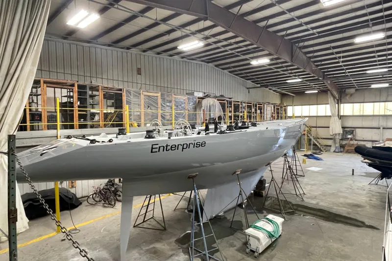 Enterprise Yacht Photos Pics Sparkman & Stephens 12M yacht, 1997 model, named "Enterprise" in a spacious indoor facility.