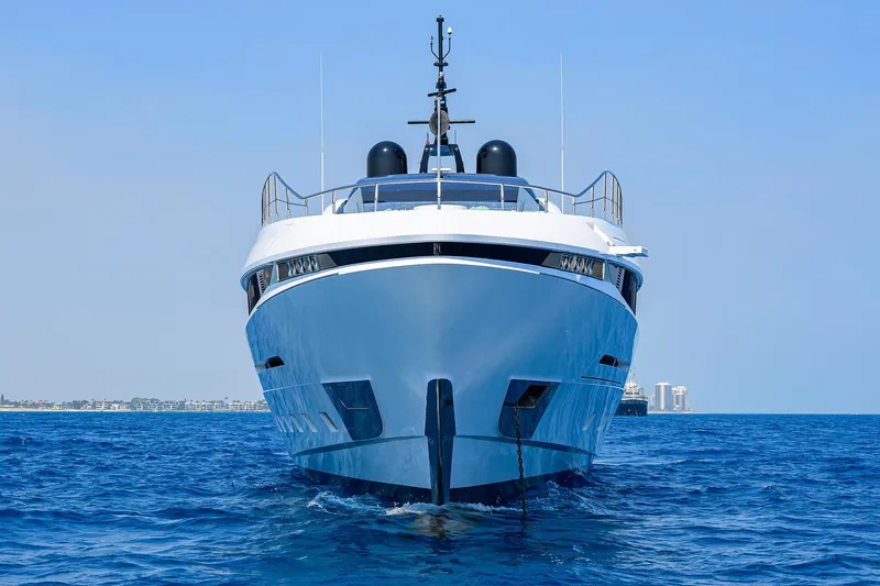 Goldeneye Yacht Photos Pics 2020 Mangusta 54 Gransport yacht on open water, front view.