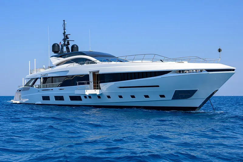 Goldeneye Yacht Photos Pics Luxurious 2020 Mangusta 54 Gransport yacht cruising on open sea.