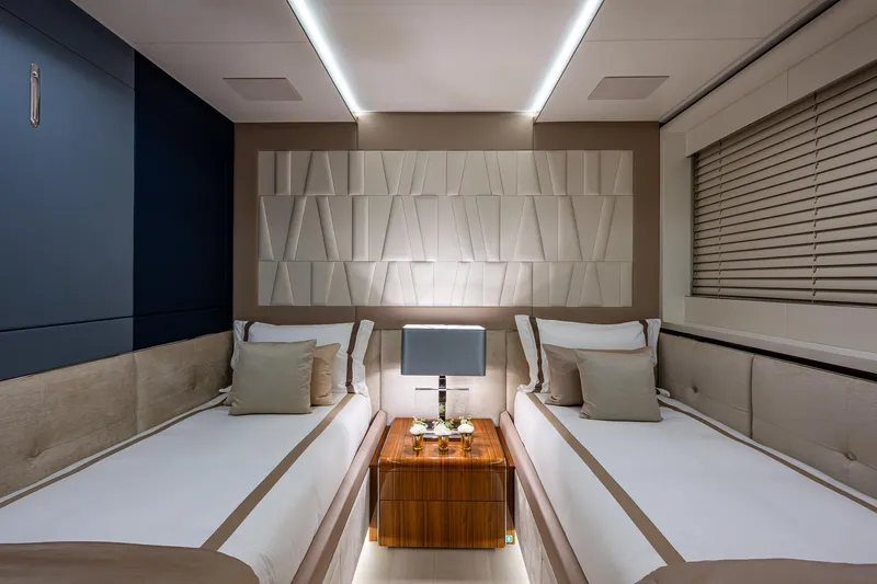 Goldeneye Yacht Photos Pics Luxurious twin cabin interior of 2020 Mangusta 54 Gransport yacht.