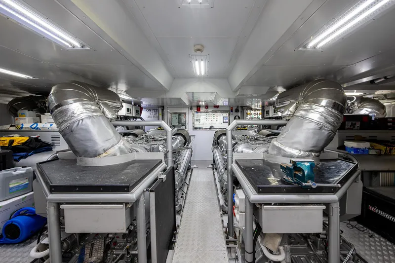 Goldeneye Yacht Photos Pics Engine room of 2020 Mangusta 54 Gransport yacht, featuring advanced machinery and equipment.