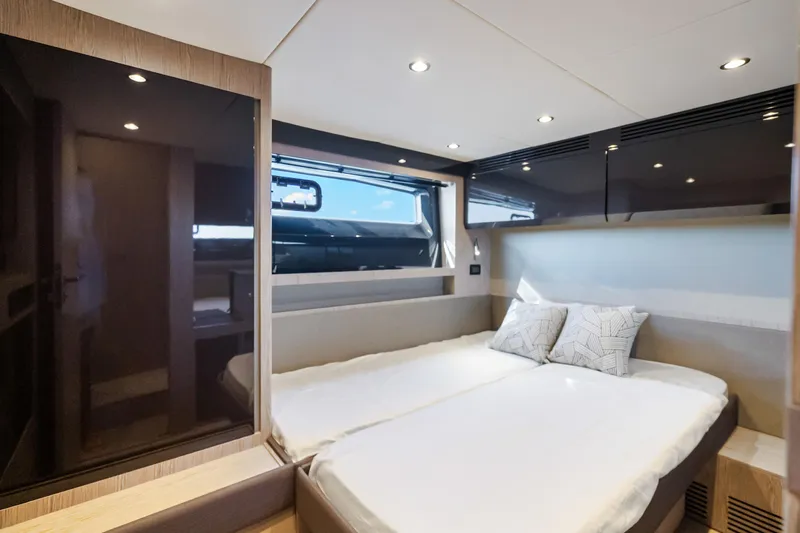  Yacht Photos Pics Luxurious interior cabin of 2021 Azimut Atlantis 51 yacht with modern design.