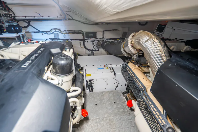  Yacht Photos Pics Engine room of 2021 Azimut Atlantis 51 yacht, showcasing advanced machinery and components.