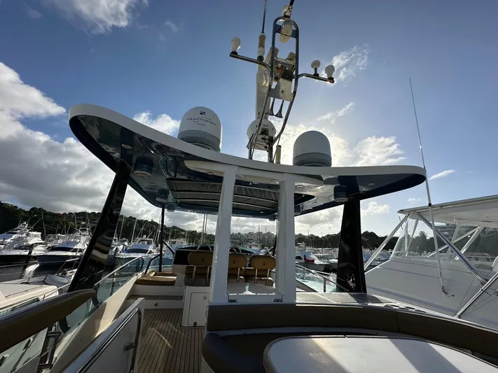  Yacht Photos Pics 2006 Fairline Squadron 58 yacht, upper deck view, docked in marina.