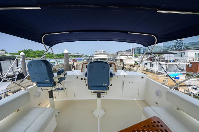 Teal Aweigh Yacht Photos Pics Flybridge view of 2011 Grand Banks 41 Europa yacht docked at marina.