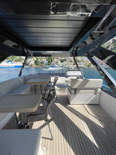Lf Yacht Photos Pics Luxurious 2023 Ferretti Yachts 720 interior with seating and helm, overlooking serene waters.