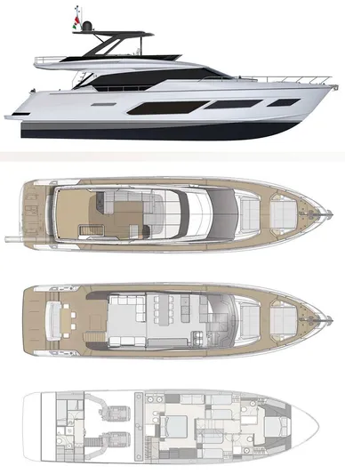 Lf Yacht Photos Pics 2023 Ferretti Yachts 720, side view and floor plans, luxury yacht design.