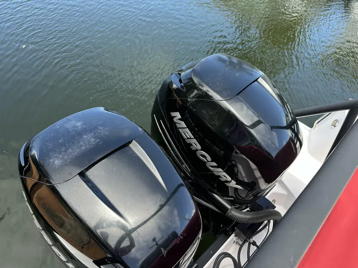  Yacht Photos Pics Twin Mercury outboard engines on a 2021 Axopar 37 XC Cross Cabin Brabus boat.