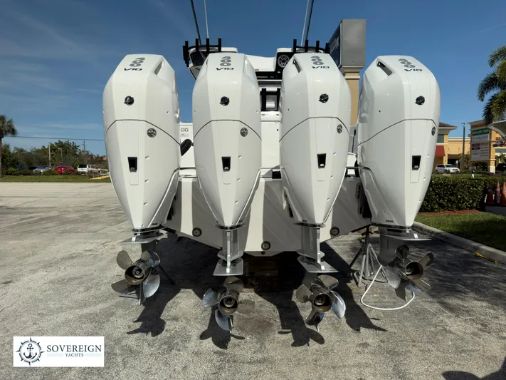 400-102 Yacht Photos Pics 2024 Blackfin 400 boat with quad outboard engines, Sovereign Yacht logo.