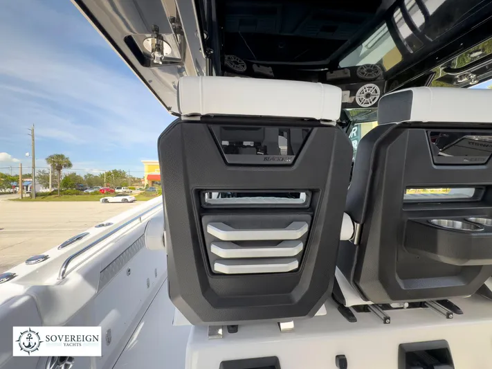 400-102 Yacht Photos Pics 2024 Blackfin 400 boat interior with Sovereign Yachts logo.