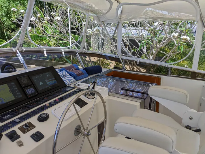 Pura Vida III Yacht Photos Pics 1999 Grand Alaskan Pilothouse helm with modern navigation equipment and white seating.
