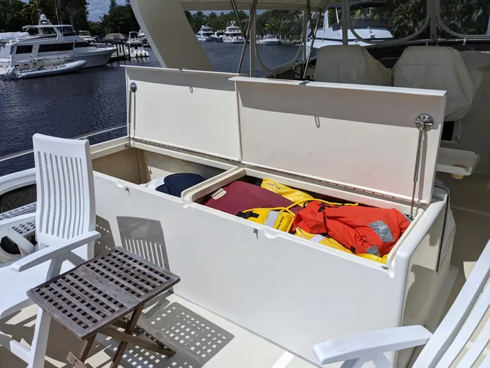 Pura Vida III Yacht Photos Pics Storage compartment on 1999 Grand Alaskan Pilothouse yacht with life jackets and chairs.