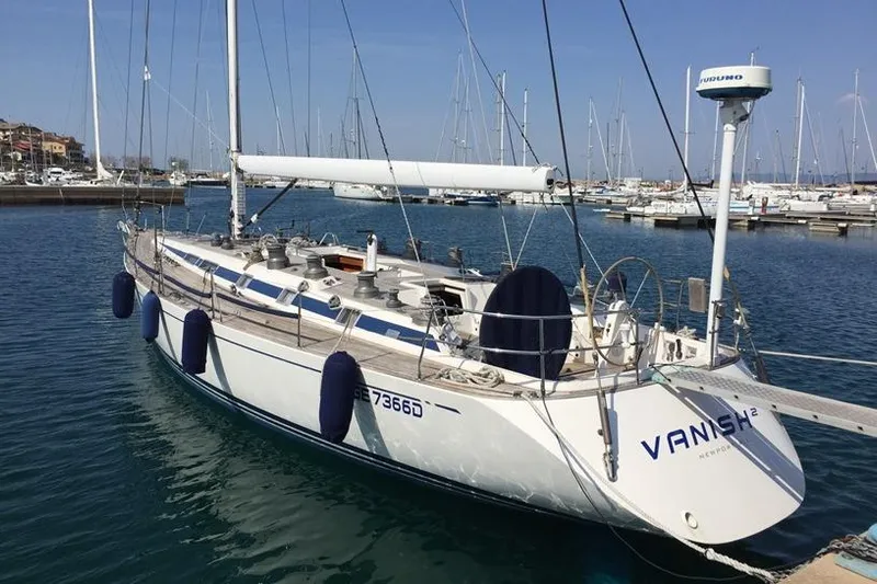 Vanish 2 Yacht Photos Pics Sailing yacht Nautor Swan 56, 1999 model, docked in a marina.