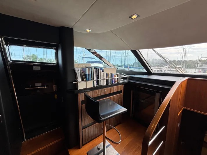 Schatzi Yacht Photos Pics Luxurious interior of 2013 Fairline Squadron 78 Custom yacht with modern seating and panoramic windows.