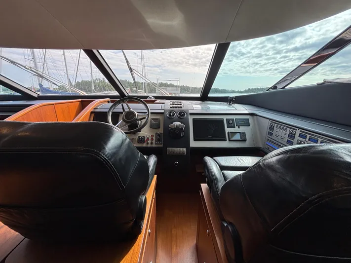 Schatzi Yacht Photos Pics Interior helm of 2013 Fairline Squadron 78 Custom yacht with leather seats and control panel.