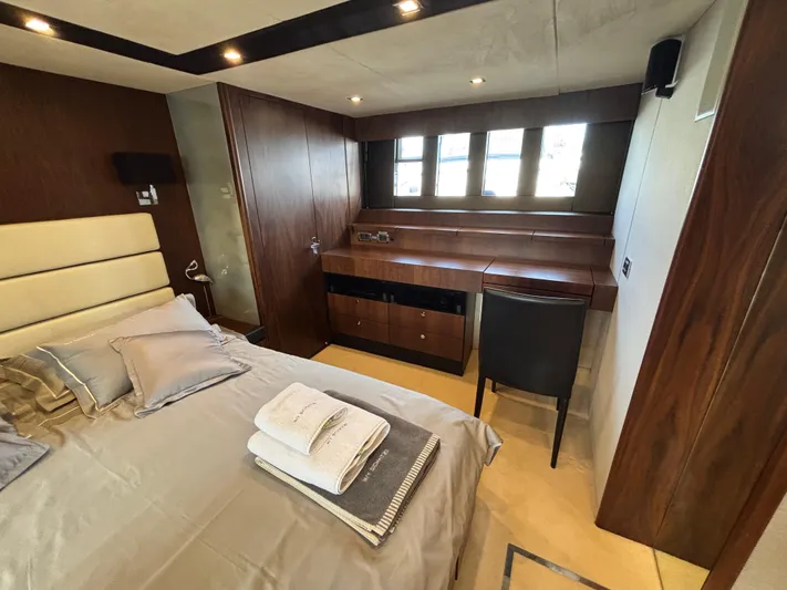 Schatzi Yacht Photos Pics Luxurious cabin interior of 2013 Fairline Squadron 78 Custom yacht with elegant wood finishes.