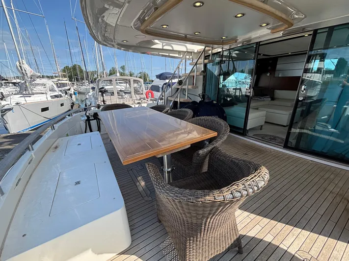 Schatzi Yacht Photos Pics Luxurious 2013 Fairline Squadron 78 Custom yacht deck with wicker chairs and wooden table.