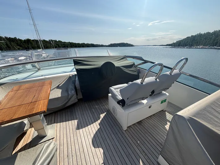 Schatzi Yacht Photos Pics 2013 Fairline Squadron 78 Custom yacht deck with seating and table, overlooking serene waters.