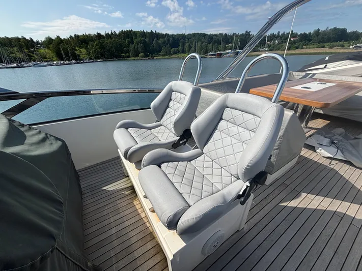 Schatzi Yacht Photos Pics Luxury seating on 2013 Fairline Squadron 78 Custom yacht, overlooking serene waters and lush greenery.