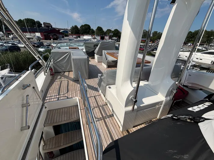 Schatzi Yacht Photos Pics 2013 Fairline Squadron 78 Custom yacht deck with covered seating and polished railings.