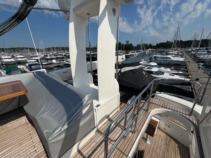 Schatzi Yacht Photos Pics 2013 Fairline Squadron 78 Custom yacht docked at marina, featuring sleek design and spacious deck.