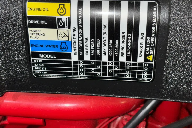  Yacht Photos Pics Label on 2005 Silverton 34 Convertible engine, detailing oil, fluid, and ignition specifications.