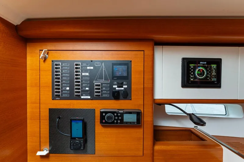 Rusalka Yacht Photos Pics Control panel of 2015 Italia Yachts 13.98, featuring navigation and electrical systems.