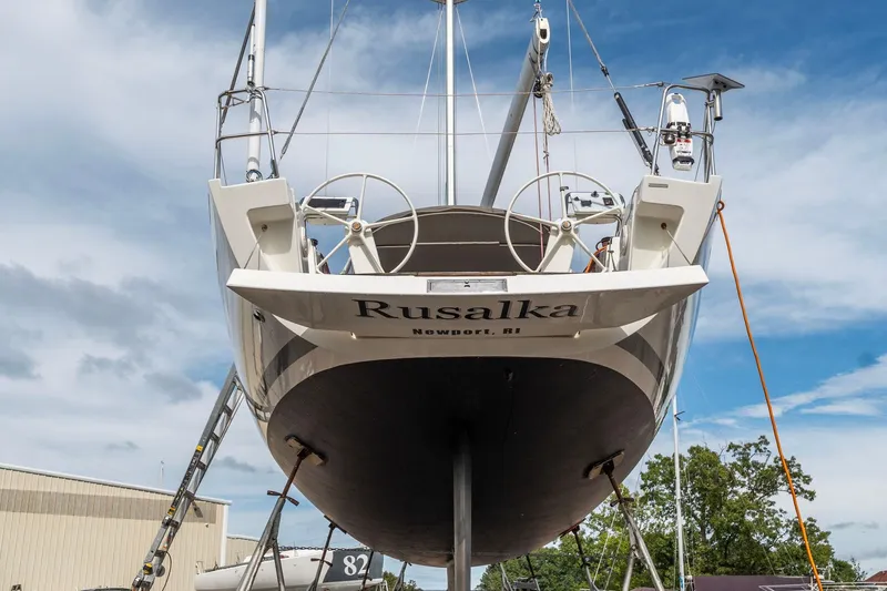 Rusalka Yacht Photos Pics Italia Yachts 13.98 sailboat, 2015 model, docked with dual steering wheels, Newport, RI.