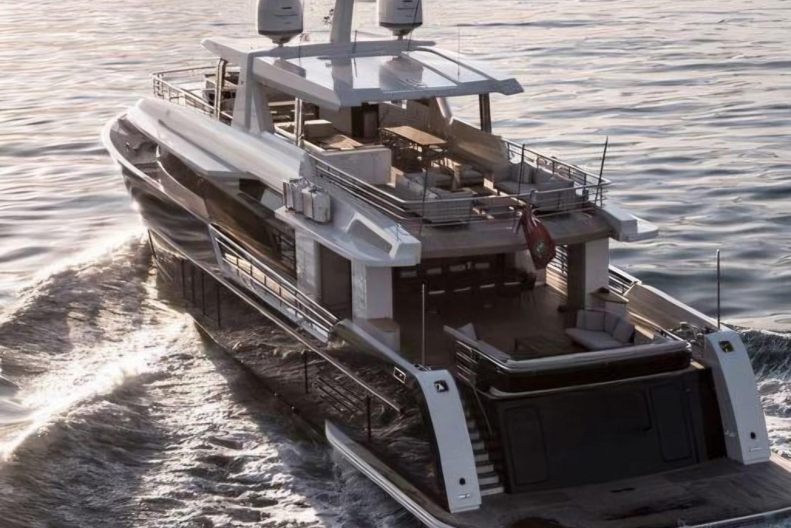 Luxurious 2020 Alpha Alfresco 125 yacht cruising on serene waters at sunset.