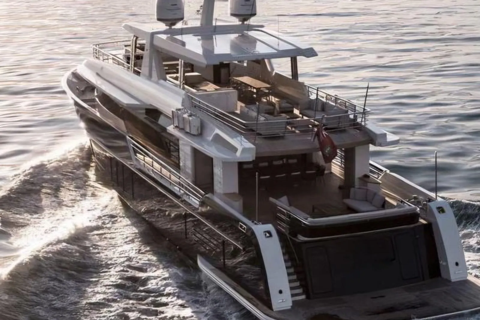 Luxurious 2020 Alpha Alfresco 125 yacht cruising on serene waters at sunset.