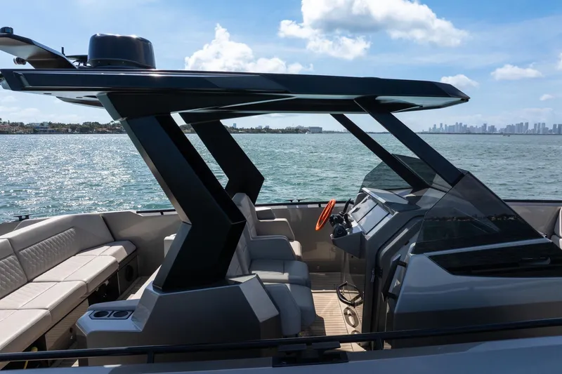  Yacht Photos Pics 2022 Vanquish VQ40 luxury yacht interior with modern design on open water.