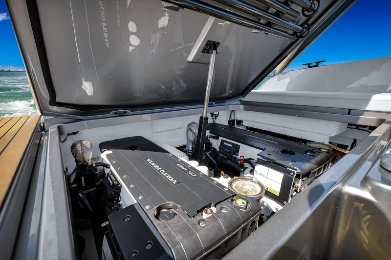  Yacht Photos Pics Engine compartment of 2022 Vanquish VQ40 yacht with Volvo Penta engine.