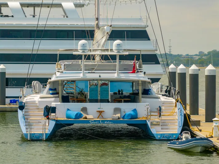 Sur L'eau Yacht Photos Pics Luxury Privilege 745 yacht docked at marina, 2008 model, with modern amenities and sleek design.