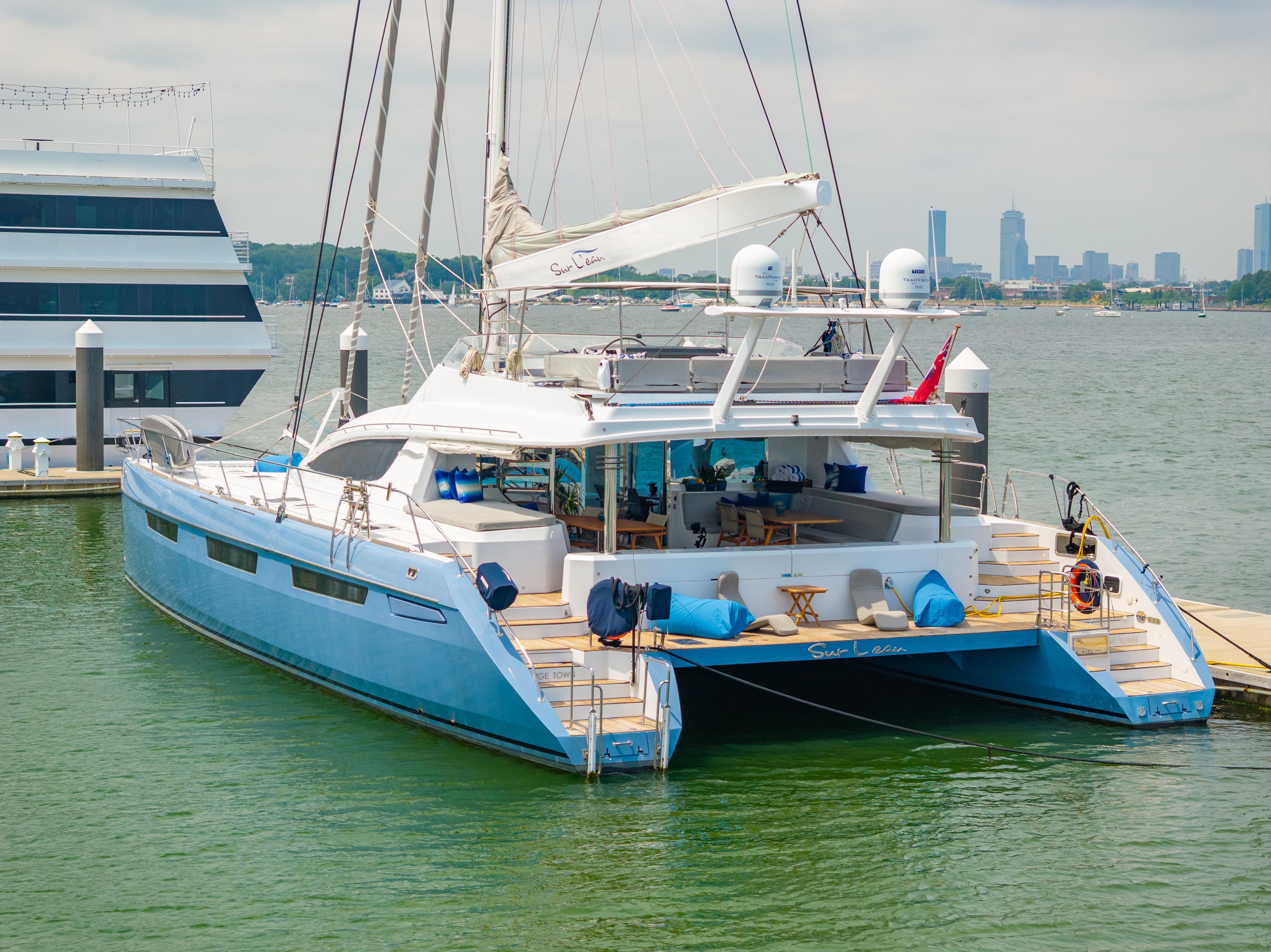Luxury Privilege 745 yacht docked in marina, city skyline in background, 2008 model.