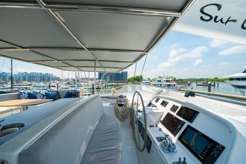 Sur L'eau Yacht Photos Pics Luxurious 2008 Privilege 745 yacht interior with navigation controls and marina view.