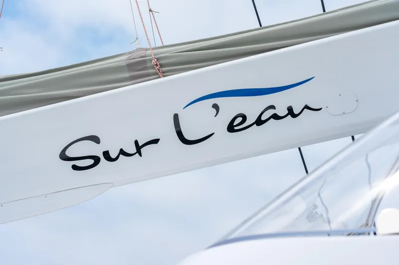 Sur L'eau Yacht Photos Pics Sailboat with "Sur L'eau" text, Privilege 745, 2008 model, against a cloudy sky.