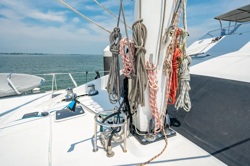 Sur L'eau Yacht Photos Pics Sailing yacht deck with ropes and winches, Privilege 745, 2008 model.